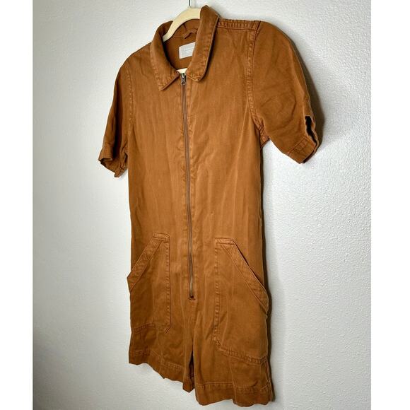 Everlane The Denim Short Coverall Organic Cotton Brown Rust Romper 6 - Picture 5 of 14